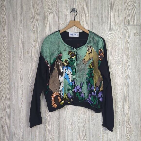 Diane Wat Design Sweaters - Diane Wat Design Womens S/M Grannycore Handpainted Sweater Horse Theme Buttons